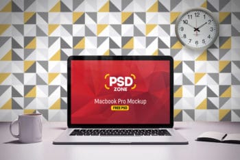 Free Macbook Pro on Desk Mockup in PSD