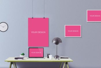 Office Wall with Pink Frames PSD Mockup