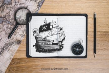 Free Pirate Ship Sketch Mockup in PSD