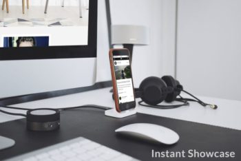 Free Standing Smartphone Plus iMac Mockup