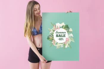 Girl Showing Summer Sale Poster Mockup in PSD