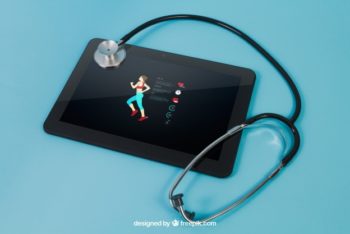 Free Fitness Tablet Plus Stethoscope Mockup