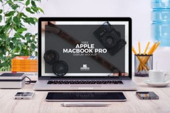 Free MacBook Pro Display Plus Accessories Mockup in PSD