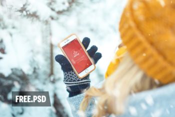 Free Girl Holding Phone Plus Forest Mockup in PSD