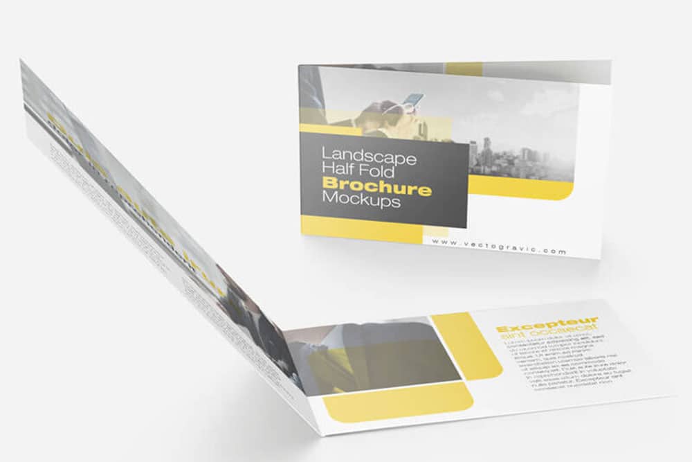 free landscape half fold brochure mockup
