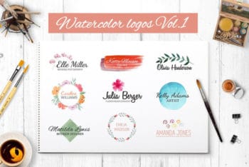 Free Creative Watercolor Logo Collection Mockup in PSD