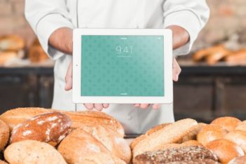 Free iPad Bakery Scene Mockup in PSD