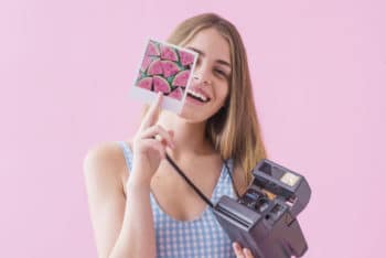 Free Girl Plus Polaroid Camera Mockup in PSD