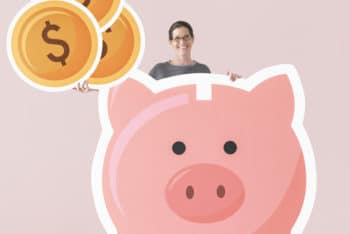 Free Piggy Bank Plus Woman Mockup in PSD
