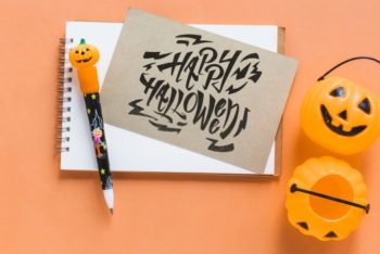 Halloween-themed Notebook with Card PSD Mockup