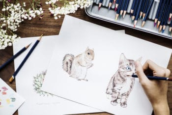 Free Workspace Plus Adorable Animal Drawings Mockup