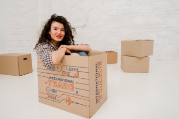 Free Woman Plus Big Cardboard Box Mockup