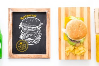 Free Hamburger Restaurant Slate Mockup in PSD