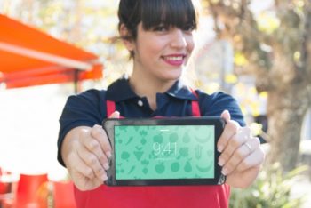 Free Restaurant Waitress Plus Tablet Mockup in PSD
