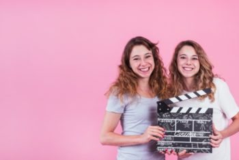 Free Young Girls Plus Clapperboard Mockup in PSD