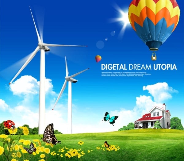 Digital Utopian Scene Plus Hot Air Balloon