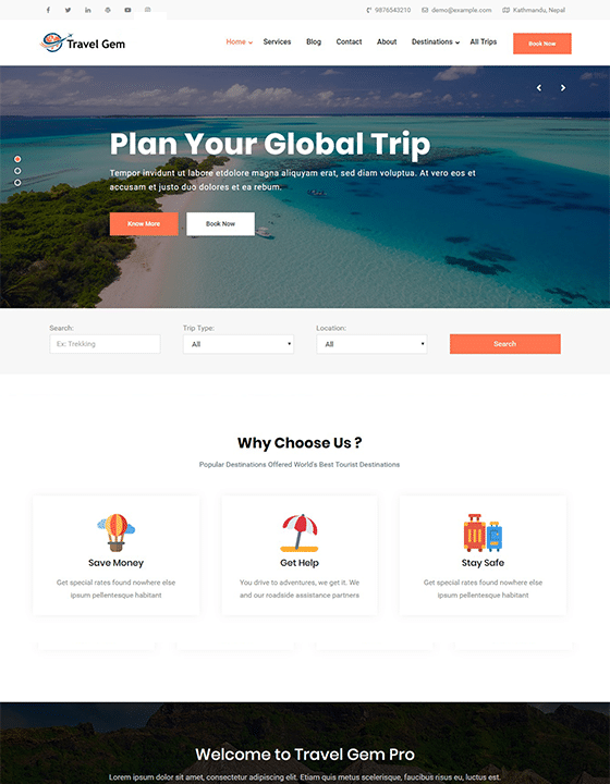 Travel Gem - travel website WordPress theme